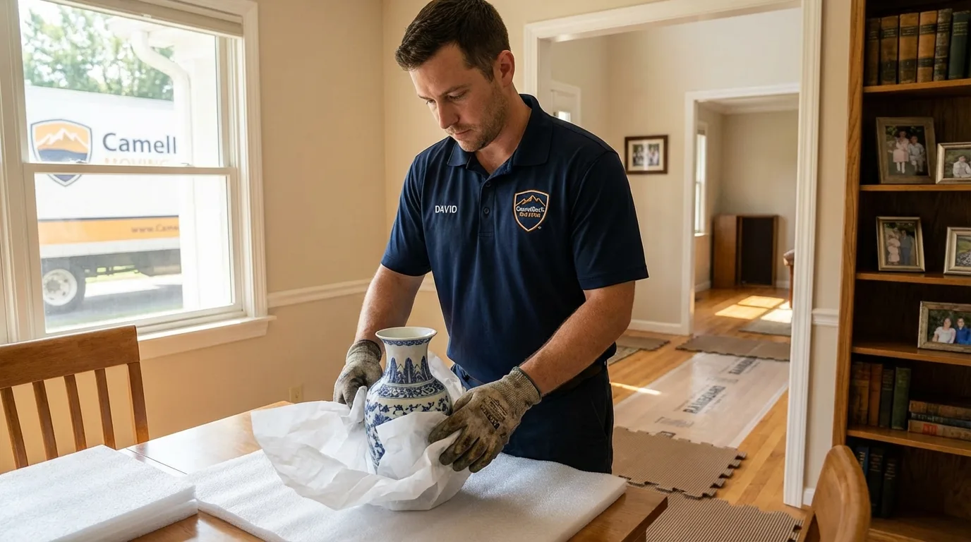 Professional crew carefully wrapping antique vase for senior downsizing move in Geneva, OH