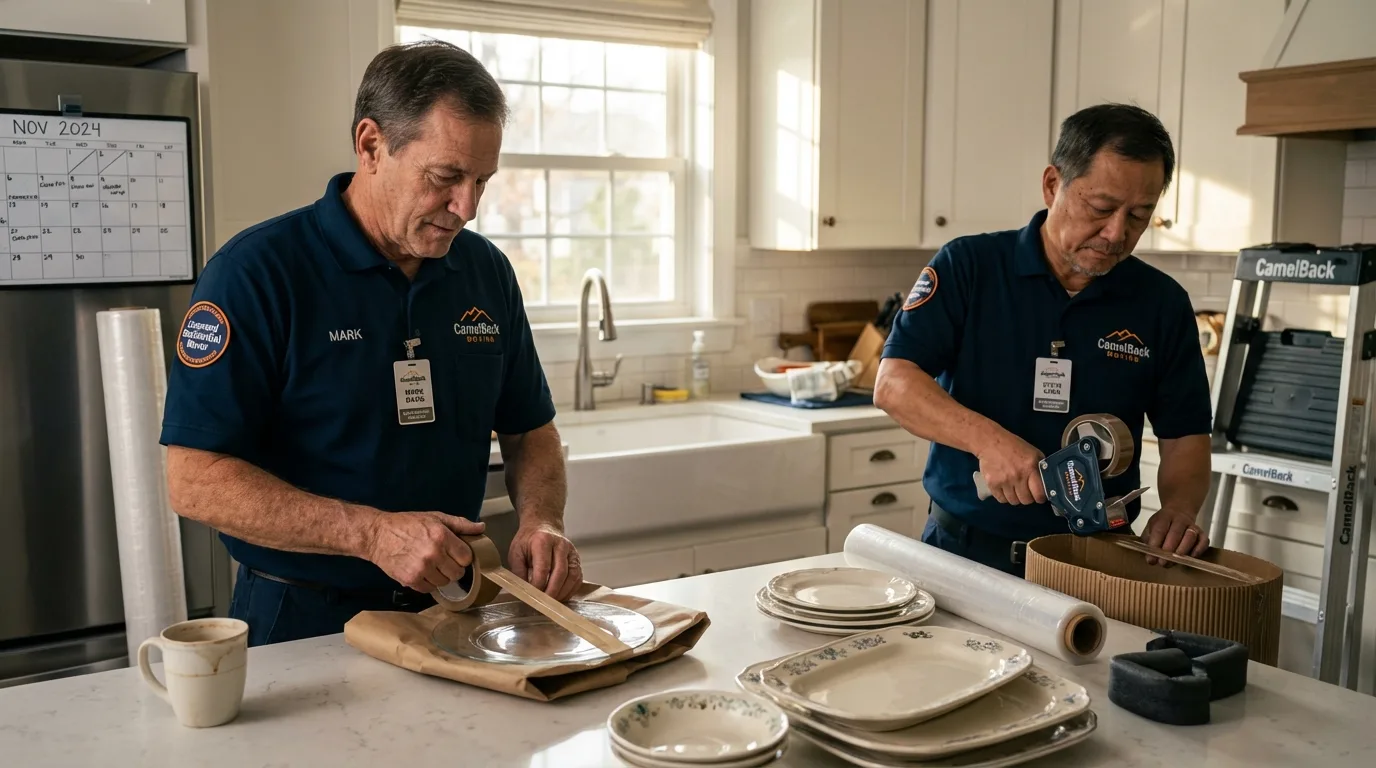 Professional crew packing kitchen dishware in Geneva, OH